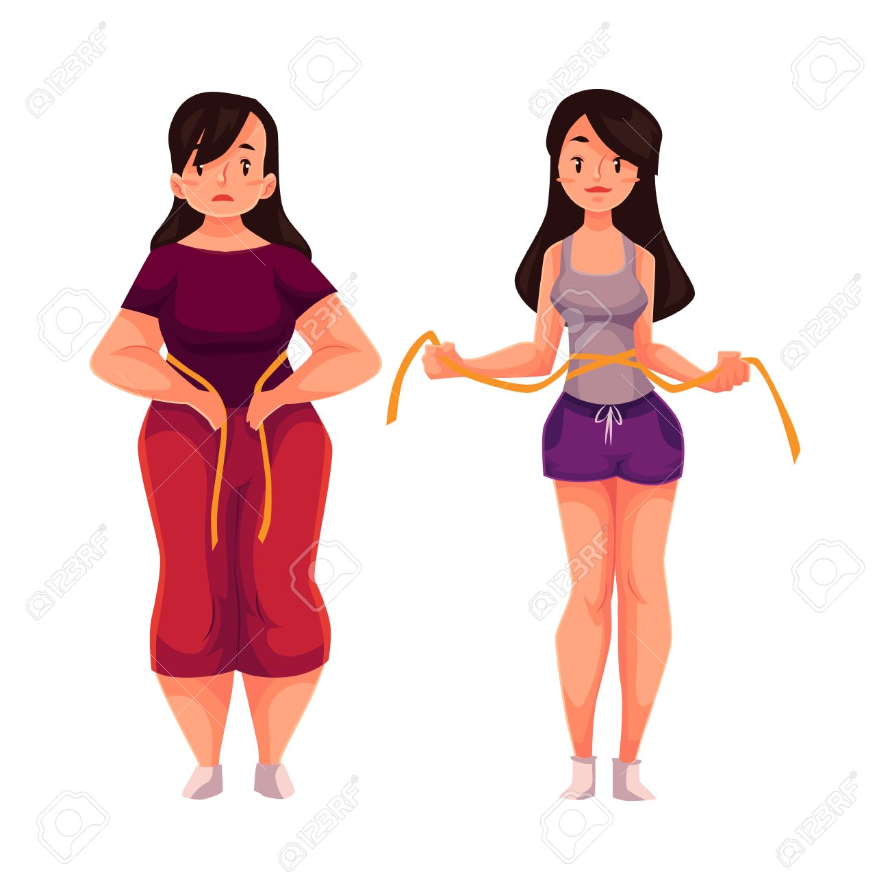 Woman Measuring Waist Before And After Loosing Weight, Cartoon.. Royalty  Free Cliparts, Vectors, And Stock Illustration. Image 67829873.